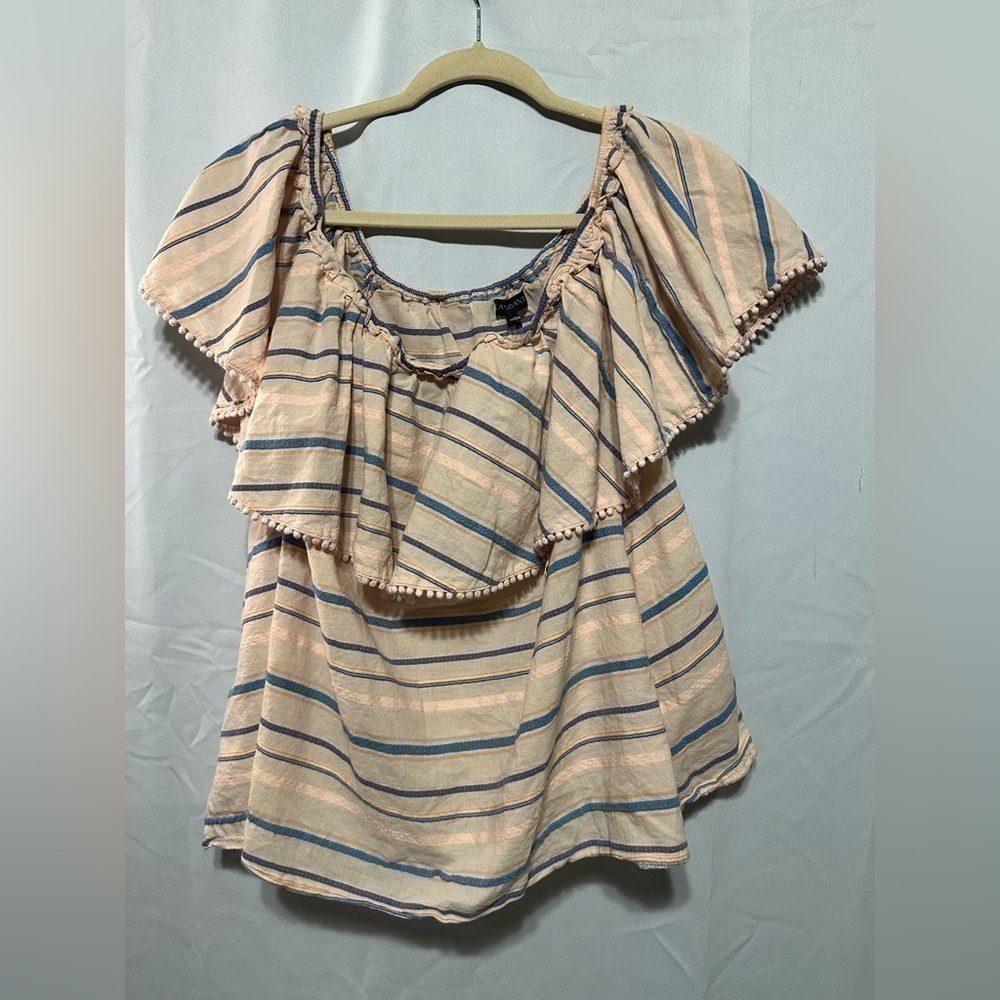 Lane Bryant Off The Shoulder Pom Top Stripe Flounce Overlay Blouse Beige 18/20